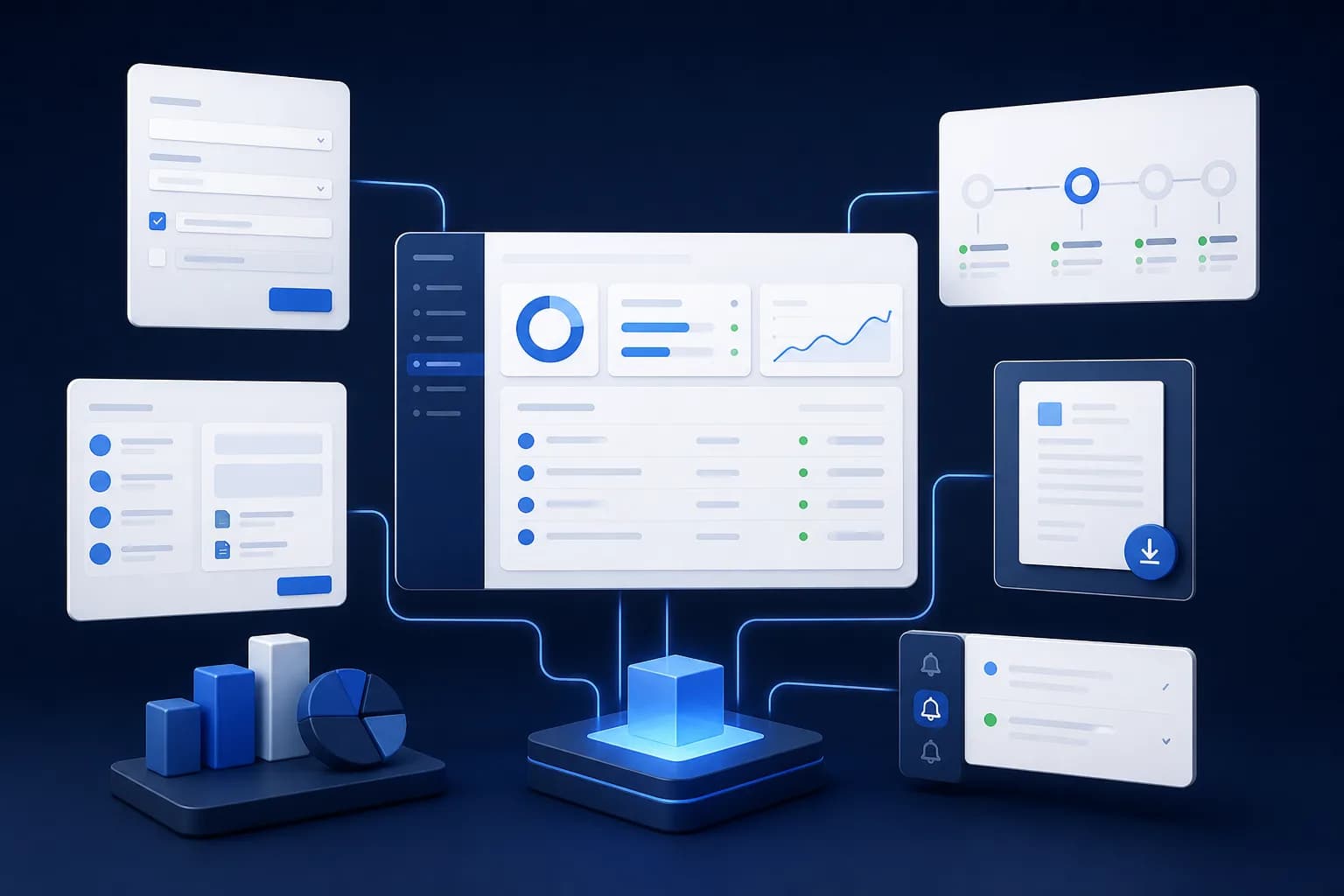 Bedrijfssoftware met formulieren, workflows, dashboards, documenten en meldingen